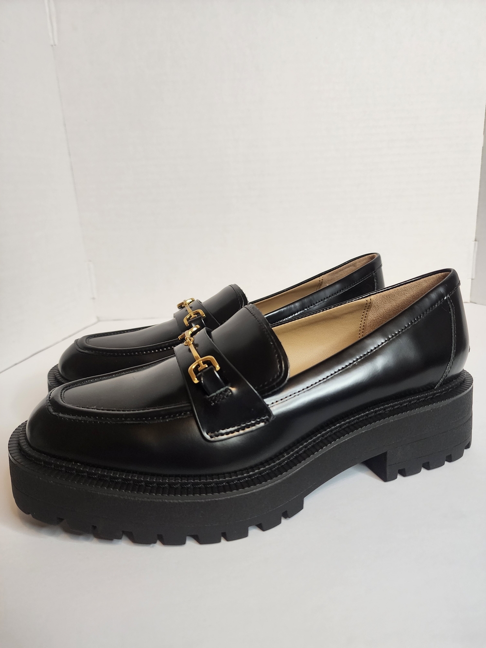 Sam Edelman Lea, Black Leather Platform Loafers Gold Colored Accents.  Sz 8.5